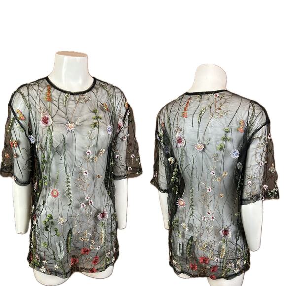 Black Sheer Flower Embroidery Blouse Top Penelope Project / Medium * - Picture 3 of 4
